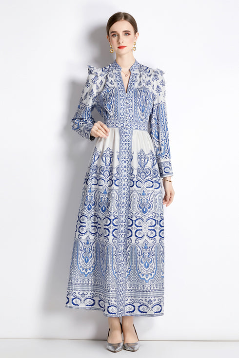 Renaissance Paisley Printed Court Style Elegant V-Neck, High Waist, Lantern Sleeve Formal Party Dress